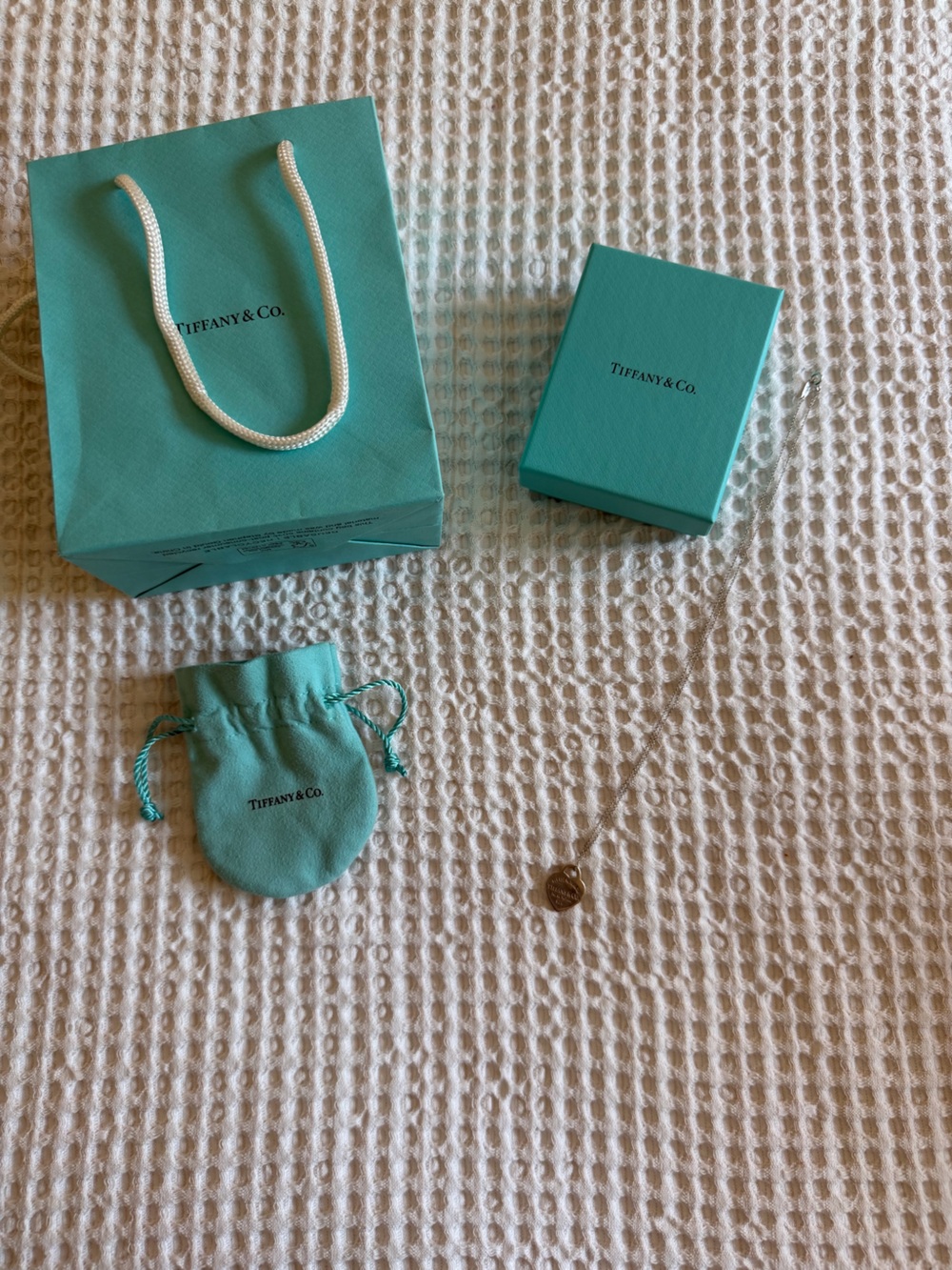 Tiffany & Co. Silver Heart Necklace with Blue Box, Bag & Pouch Set